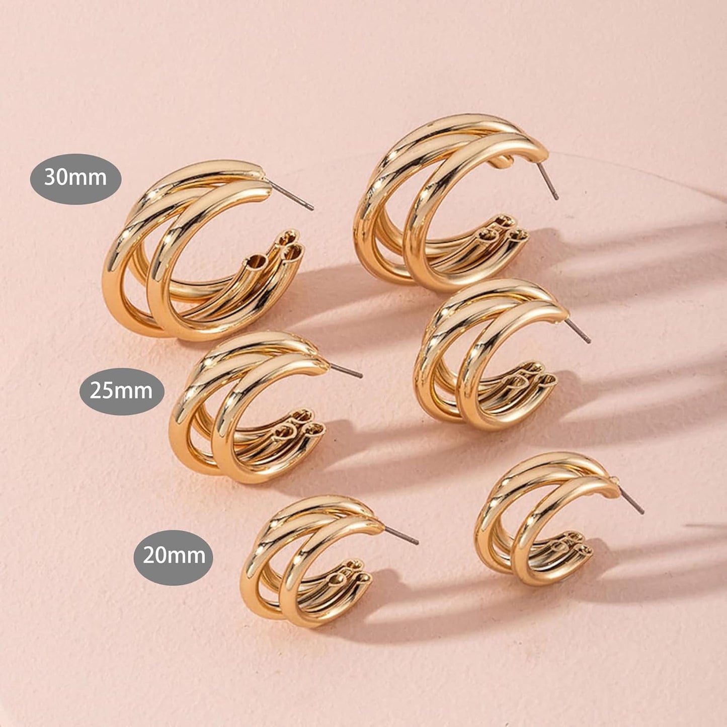 Chunky Gold Hoop Earrings for Women, 14k Gold Plated Thick Triple Hoop Earrings Hypoallergenic Trendy Chunky Gold Hoops