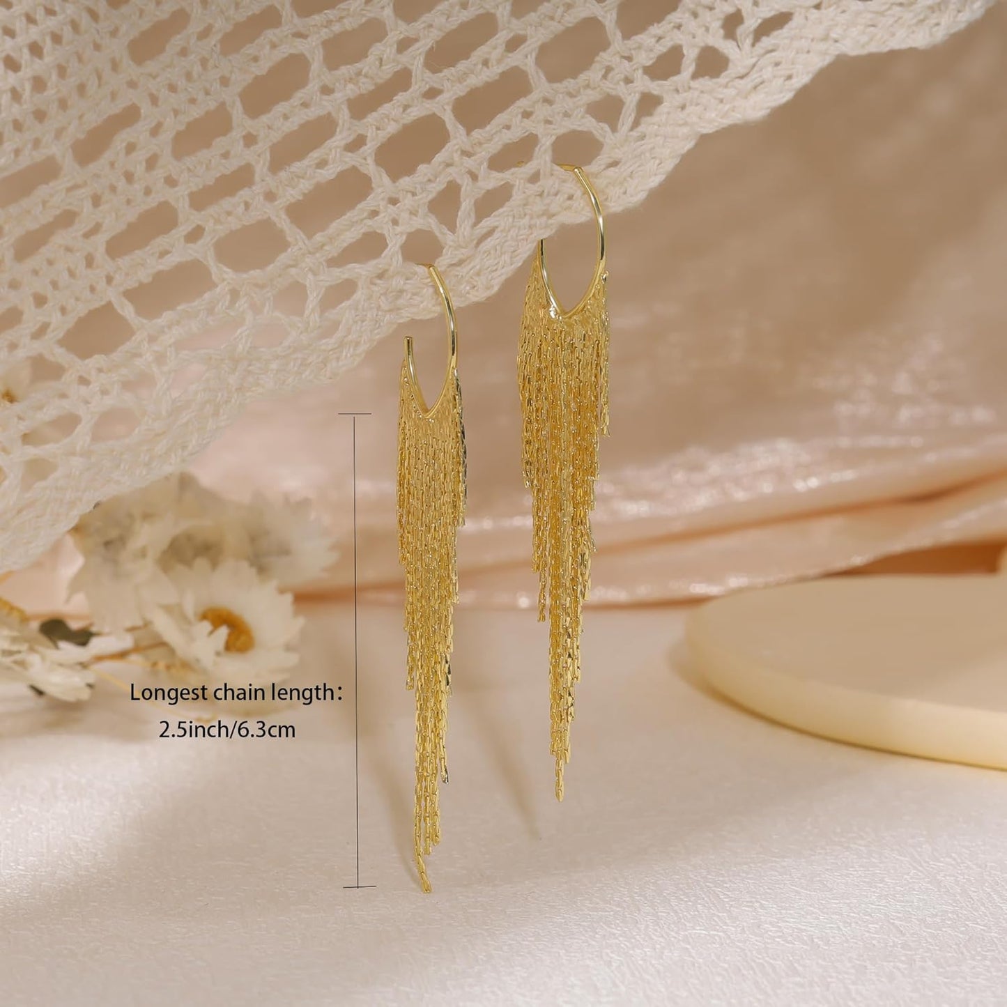 Gold Earrings for Women, 14K Gold Plated Tassel Dangle Earrings for Women Trendy Hypoallergenic Long Chain Earring