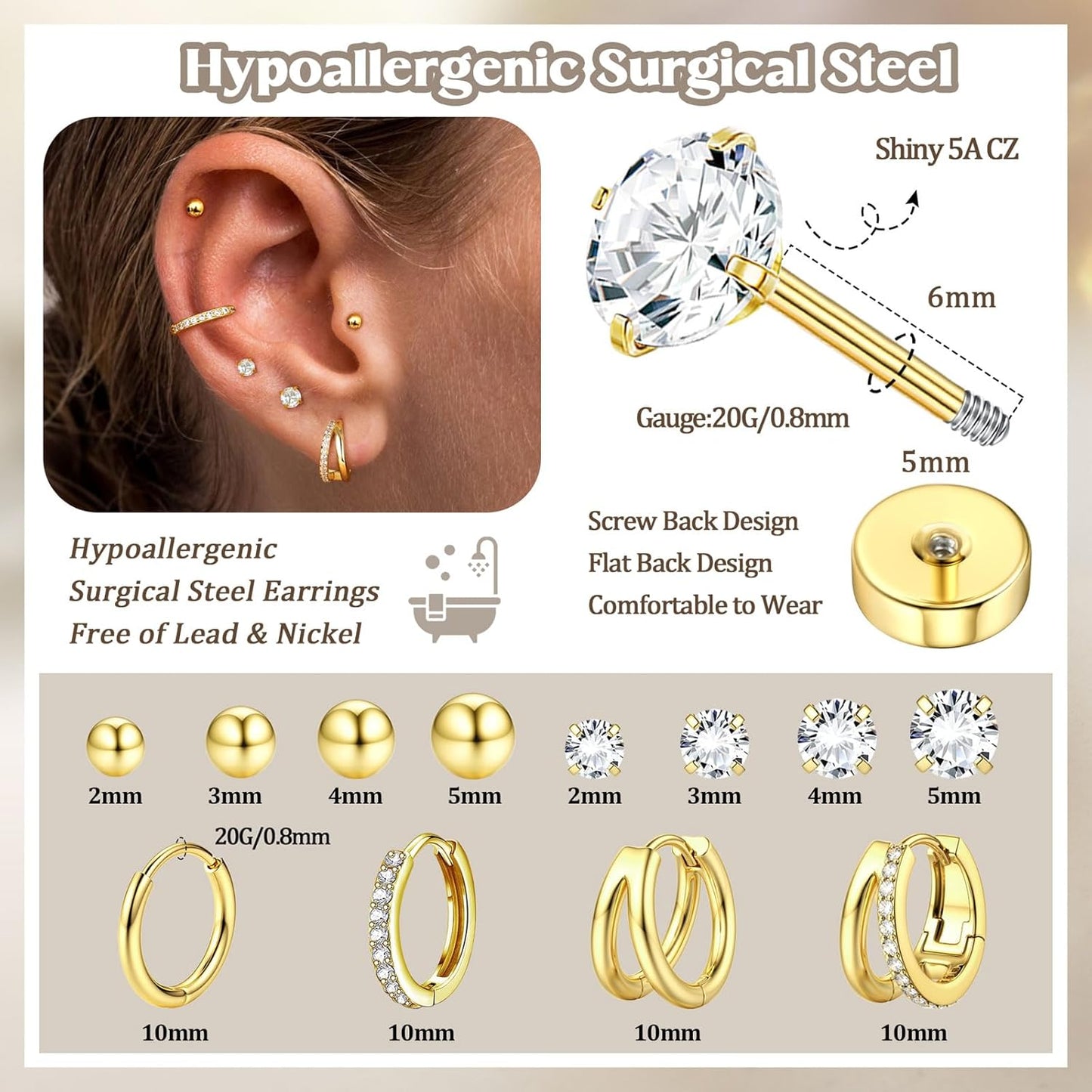 Jstyle Hypoallergenic Gold Stud Hoop Earrings for Women Men Surgical Stainless Steel Flat Back Earrings Small 14K Gold Huggie Hoops