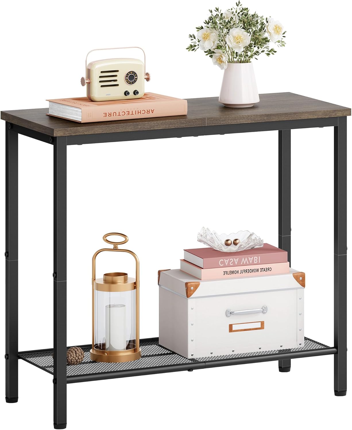 2 Tier End Table, Sofa Side Table, Slim Nightstand for Small Spaces, Metal Frame