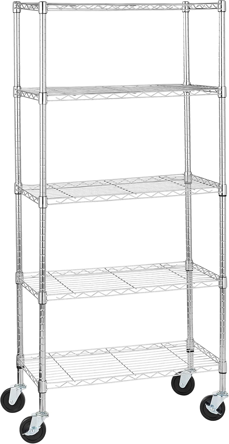 5-Shelf Adjustable, Heavy Duty Storage Shelving Unit on 4'' Wheel Casters, Metal Organizer Wire Rack