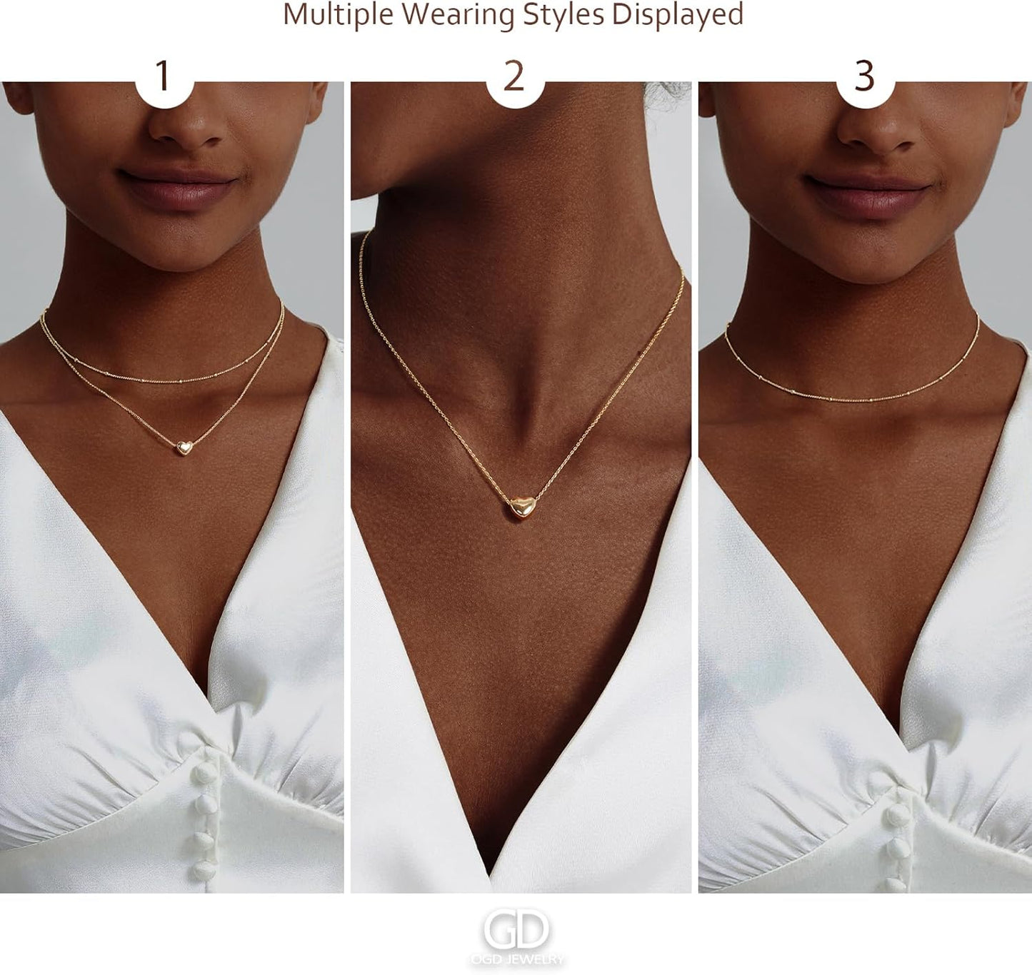 Layered Heart Necklace: 14K Gold Plated Puffy & Chunky Heart Pendants - Adjustable Dainty Choker for Her