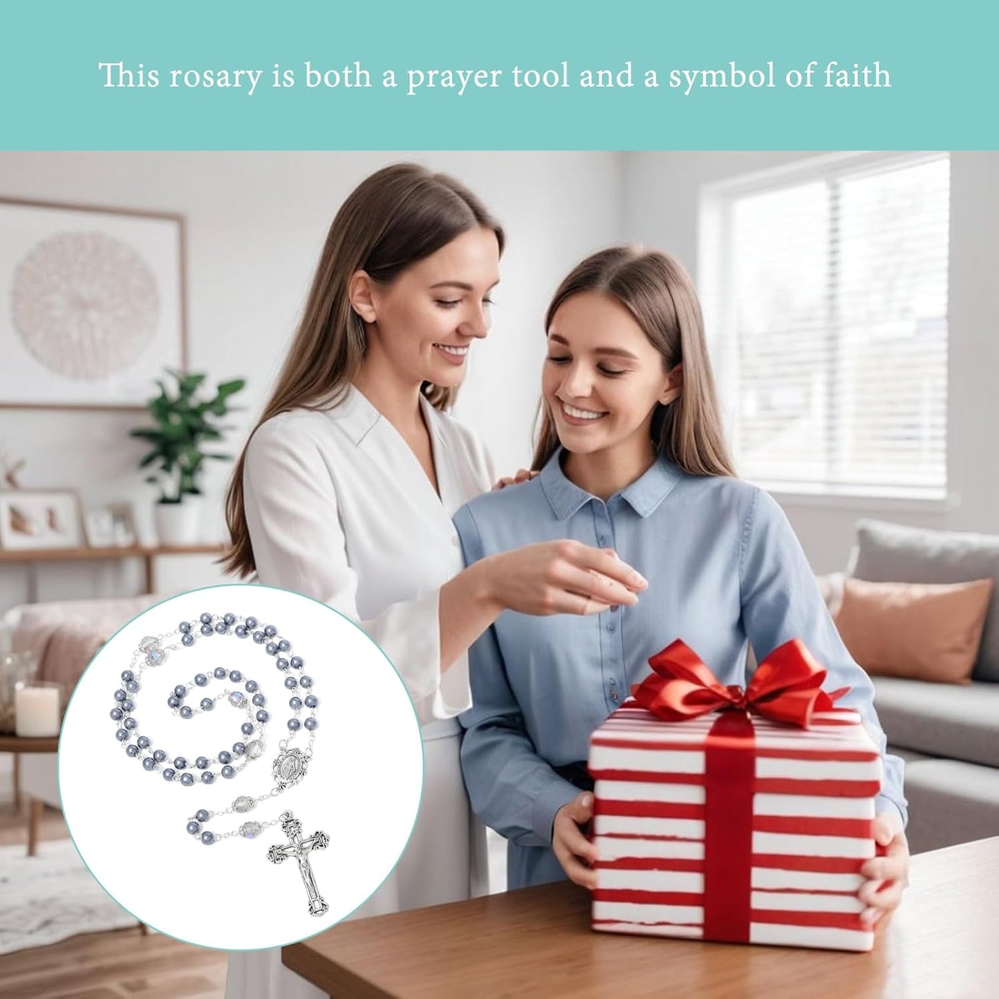 6mm Pearl Rosary Beads With Crucifix - Women's Catholic Prayer Necklace, Gift Box & Pouch Included