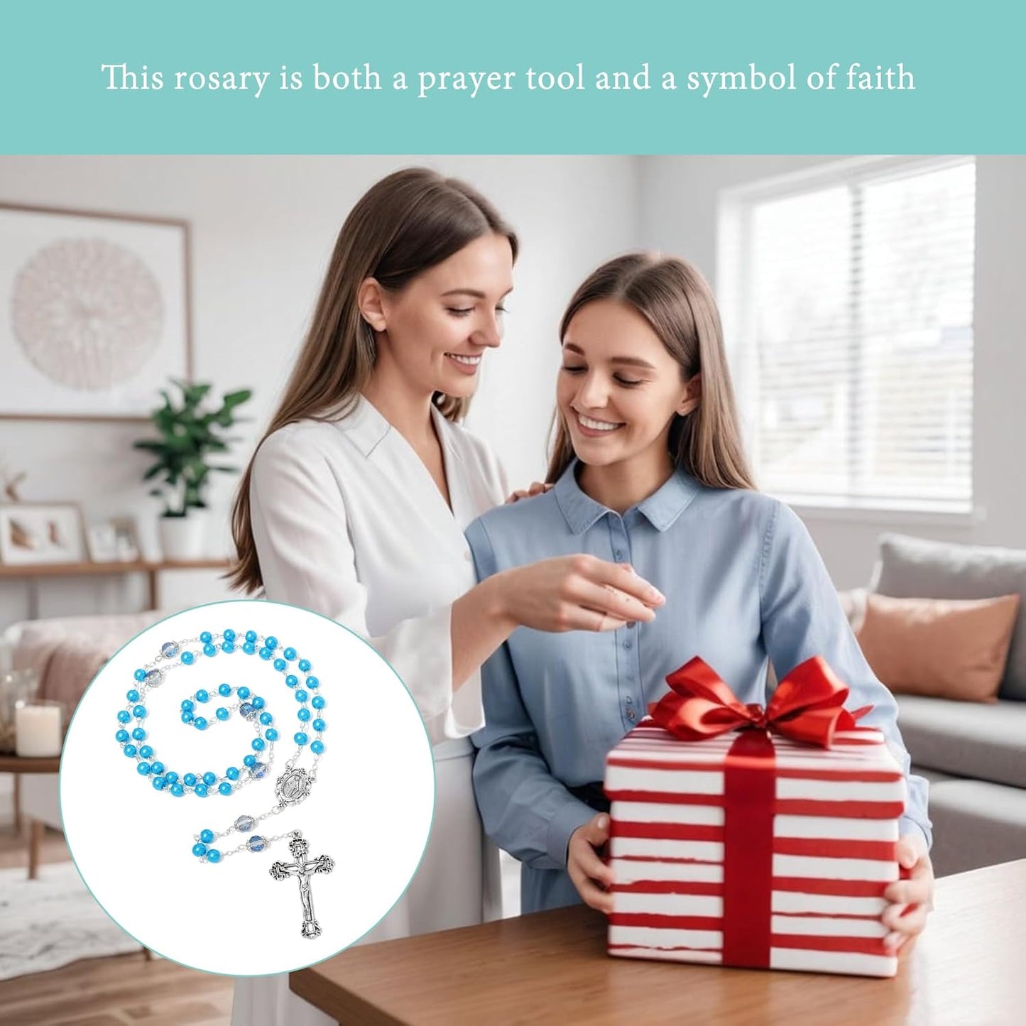 6mm Pearl Rosary Beads With Crucifix - Women's Catholic Prayer Necklace, Gift Box & Pouch Included