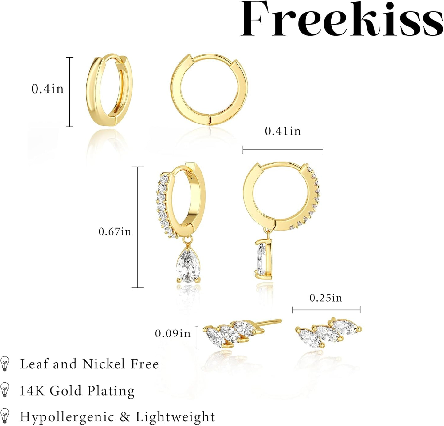 Freekiss 3 Pairs Gold Hoop Earrings Set: Dainty Stud Earrings Trendy Small 14K Gold Plated Hypoallergenic Dangle Cartilage