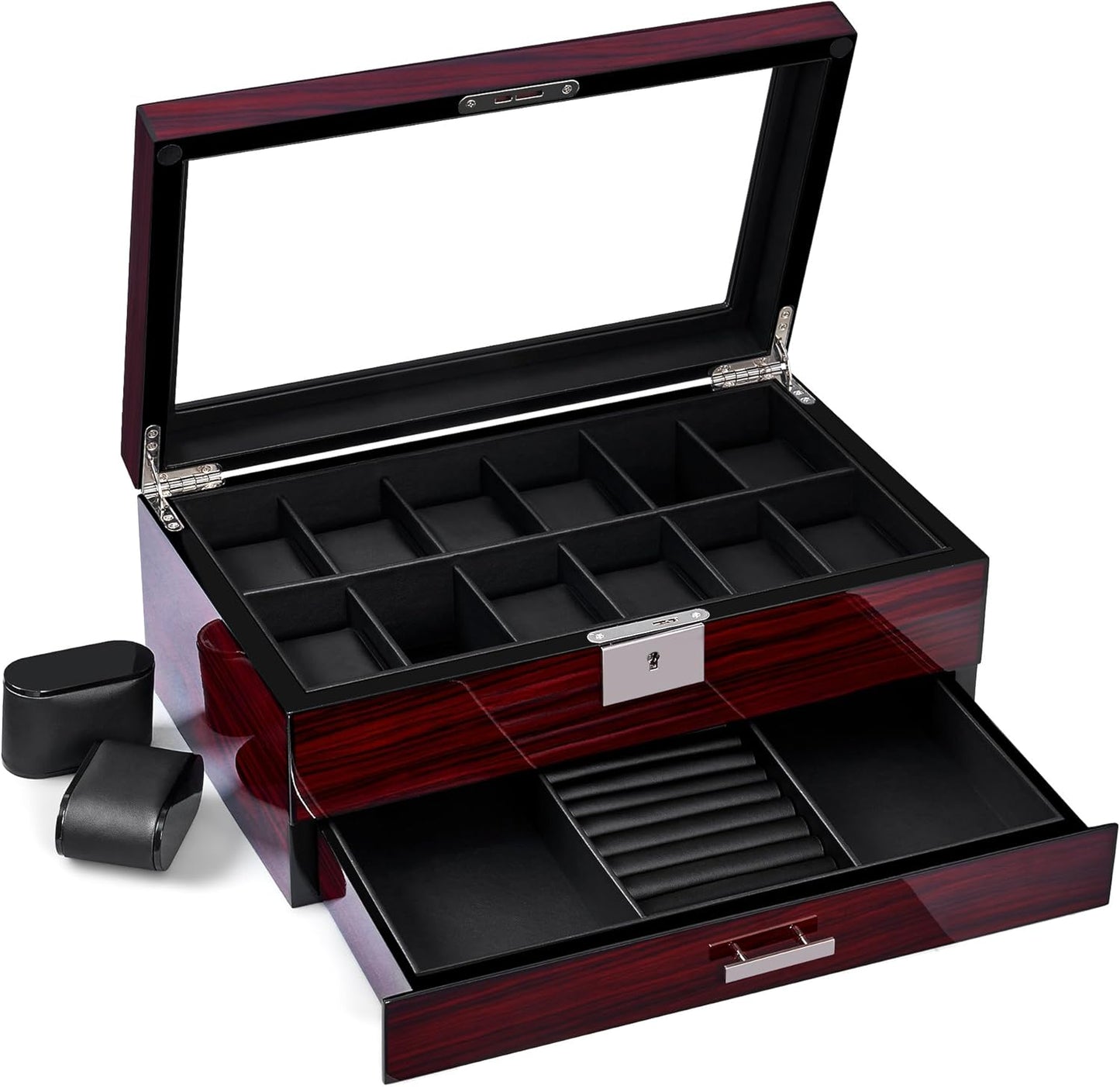 12 Slot Watch Cases for Men, Watch Box with Large Lid Jewelry Box, Watch Holder Organizer Lockable Watch
