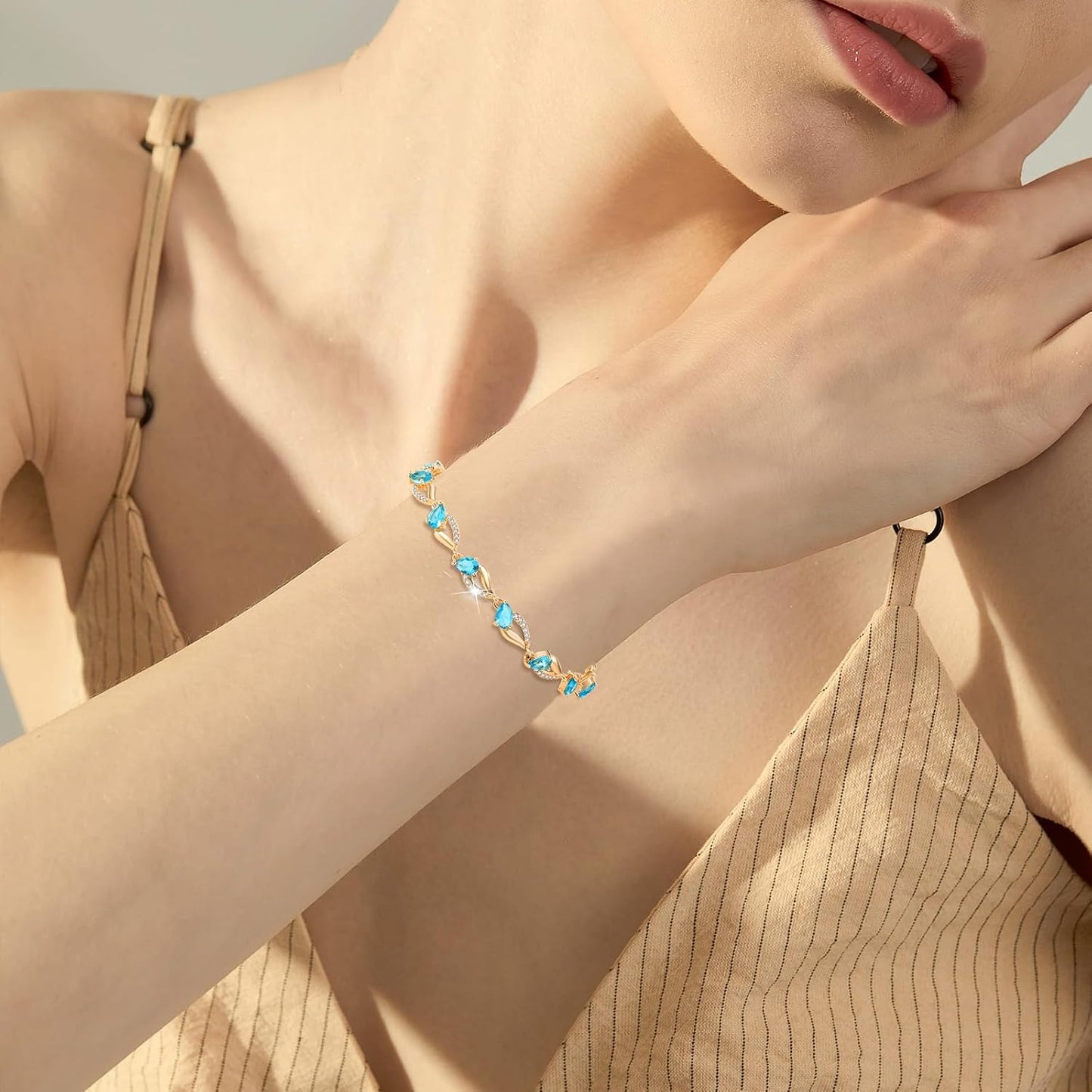 Eternity Bracelet Blue Cubic Zirconia, Sapphire Bracelet, 18K Gold Plated Hypoallergenic Bracelets -7.48inch/190mm