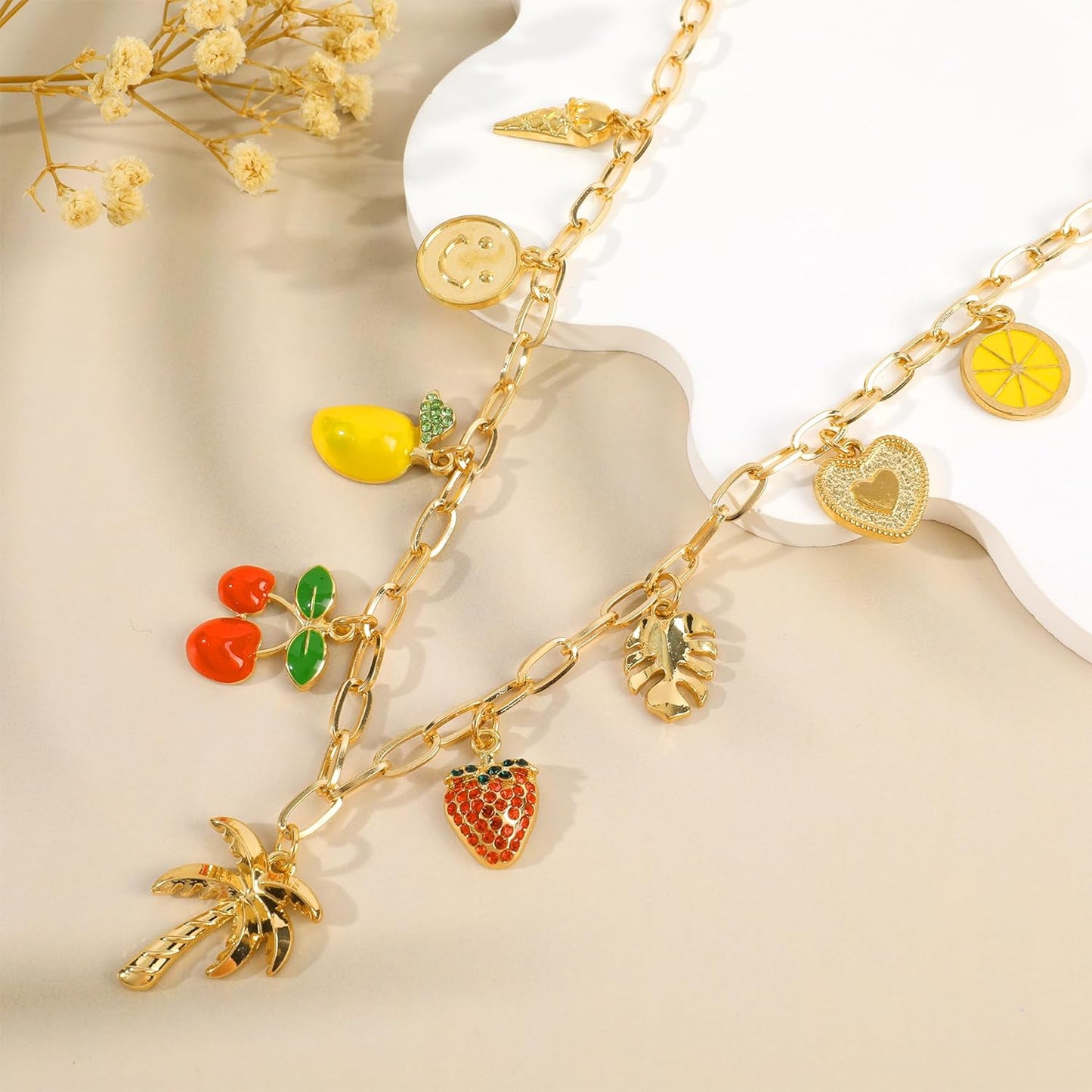Gold Charm Necklace for Women Hawaii Style Necklace with Cute Dangle Coconut Tree Cherry Lemon Mango Strawberry Heart Fruit Bow Pendant Y2K Summer
