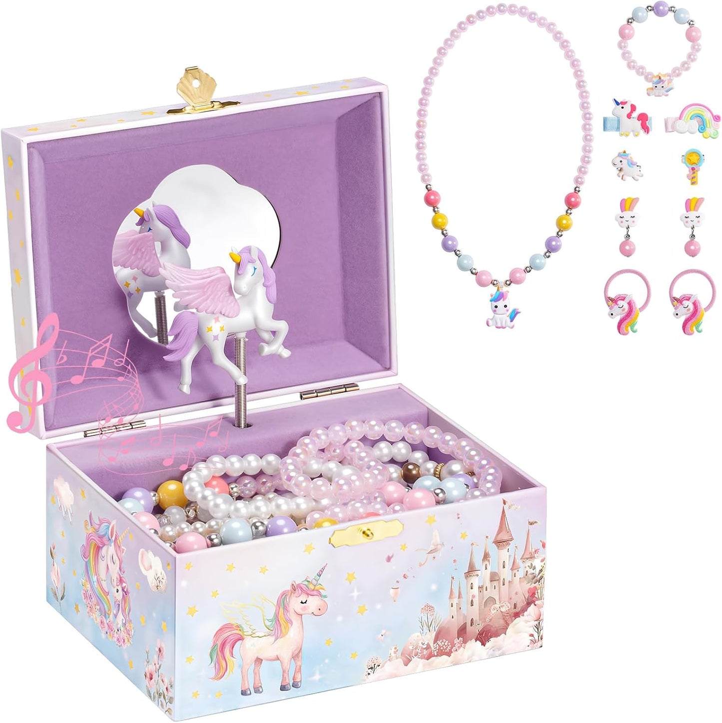 Musical Kids Jewelry Box with Spinning Unicorn Doll, Birthday Gifts for Little Girls Children Toddler