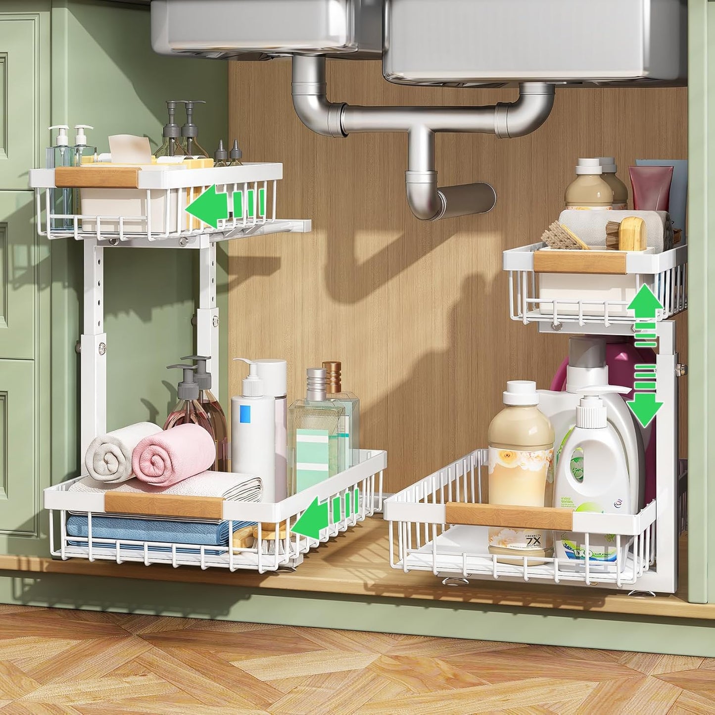 Under Sink Organizer, 2 Packs 2 Tier Under Sink Organizers , Slide out Pull out Cabinet Organizer Shelf