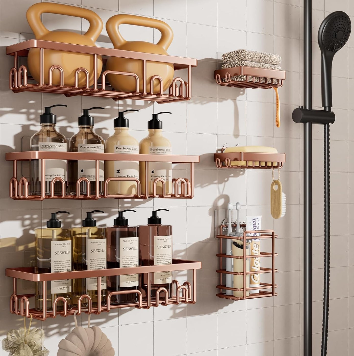 Shower Caddy 6-Pack, No Drilling Adhesive Shelves, Rack with Soap Holder, Organizers and Storage