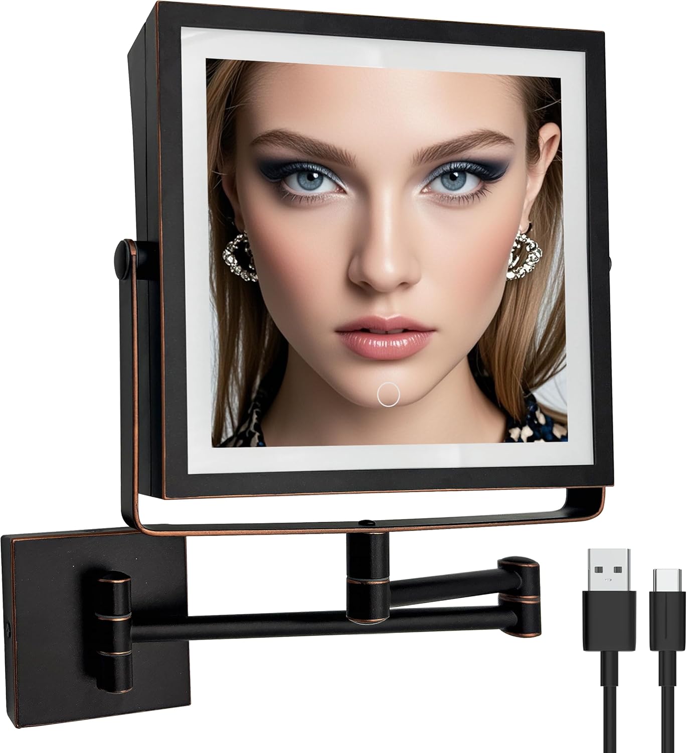 Rechargeable Wall Mounted Makeup Mirror Touch Screen Dimmable, 360° Rotation Extension Foldable Arm