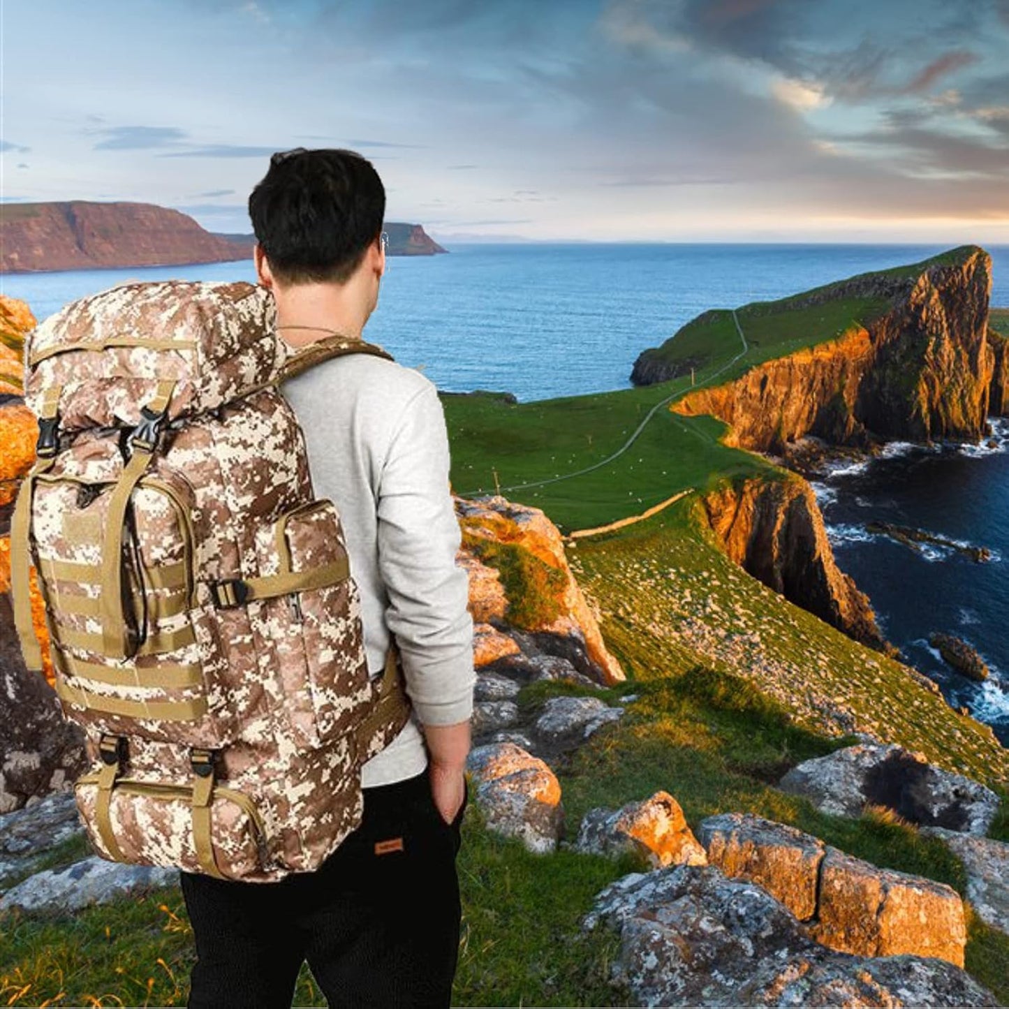 70L Hiking Backpack for Men, Waterproof Lightweight Camping Backpack, Military Rucksack with Molle