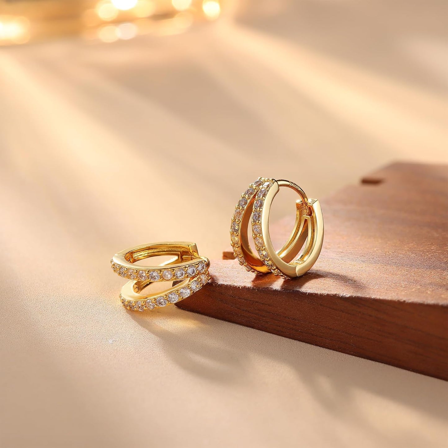 3Pairs 925 Sterling Silver, 14K Gold Plated Small Huggie Hoop Earrings Sets for Multiple Piercing CZ Cartilage Earrings Stacks