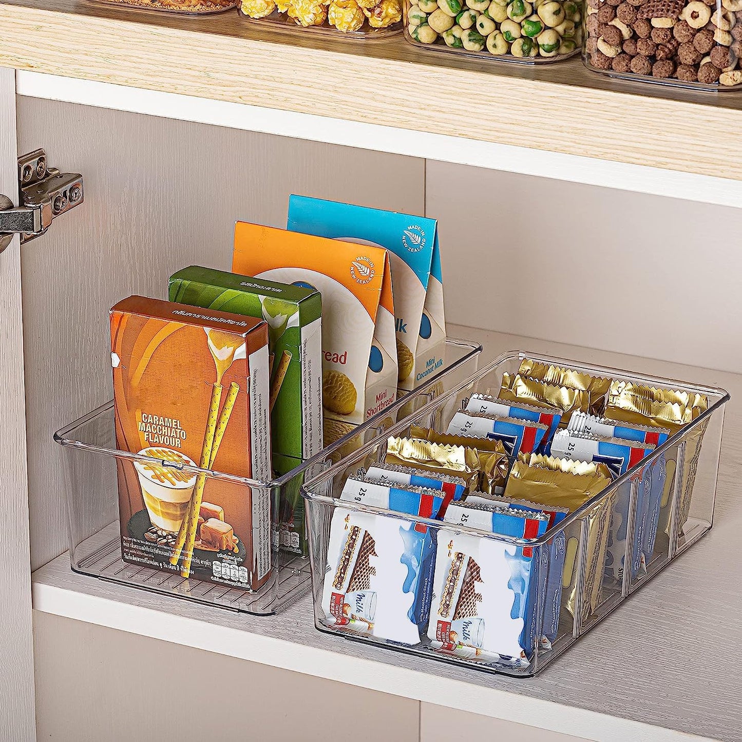 4 Pack Food Storage Organizer Bins, 4 Compartment Holder Packets, Clear Plastic Bins for Pantry