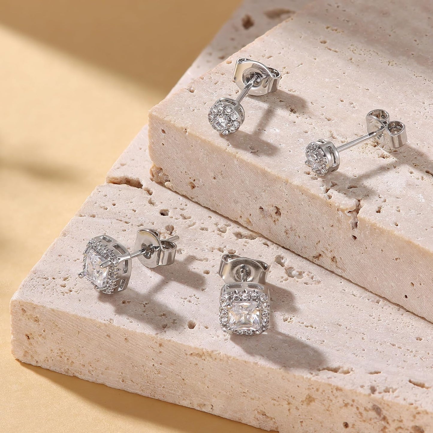 Hayoso 18K Gold Plated Halo Stud Earrings 925 Sterling Silver Cubic Zirconia Stud Earrings Round Square Diamonique Stud