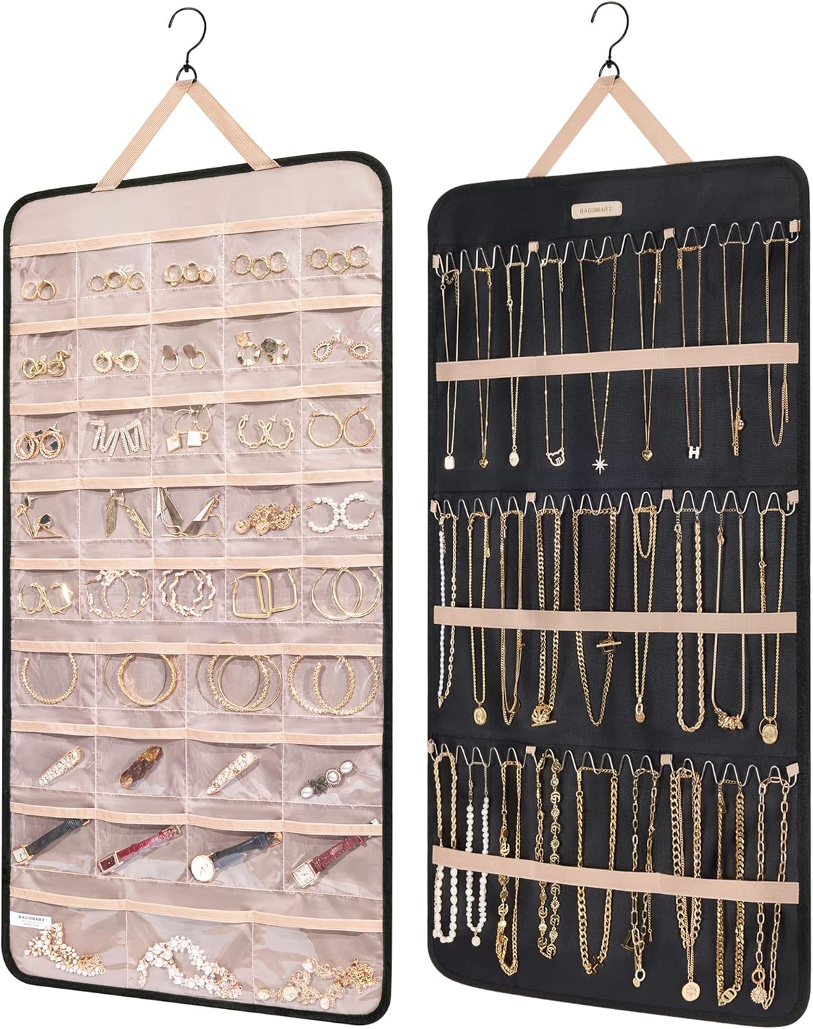 Jewelry Organizer Storage Roll with Hanger Metal Hooks Double, Necklaces, Rings on Closet, Wall, Door