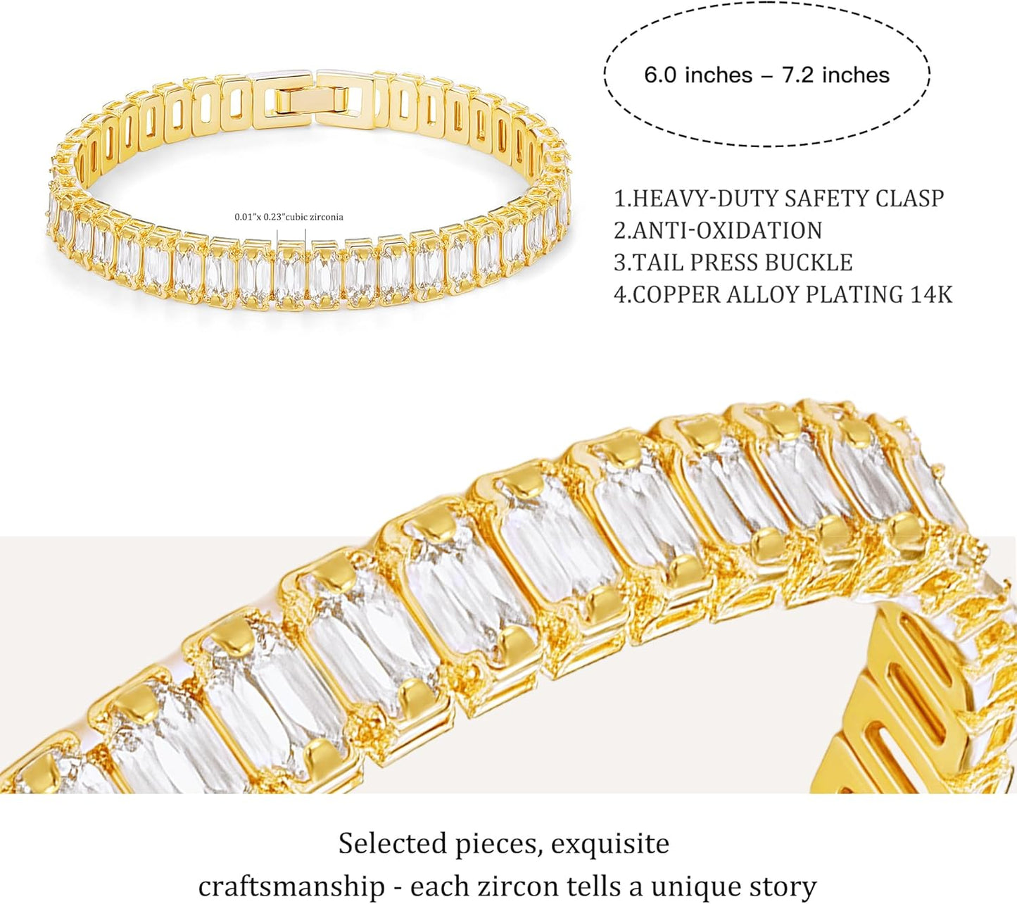 14K Gold Plated Tennis Bracelet for Women – Classic CZ Link Design, Fits 6.0"–7.2" Wrists – Stylish Sparkling Jewelry Gift