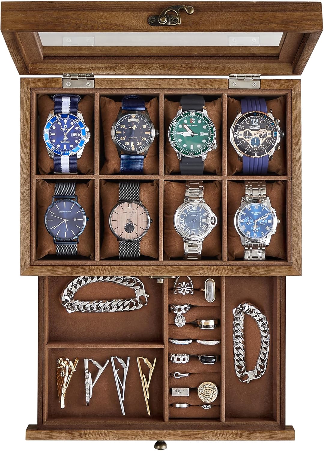 8-Slot Watch Box, 2-Tier Watch Display Case with Large Glass Lid, Removable Watch Pillows