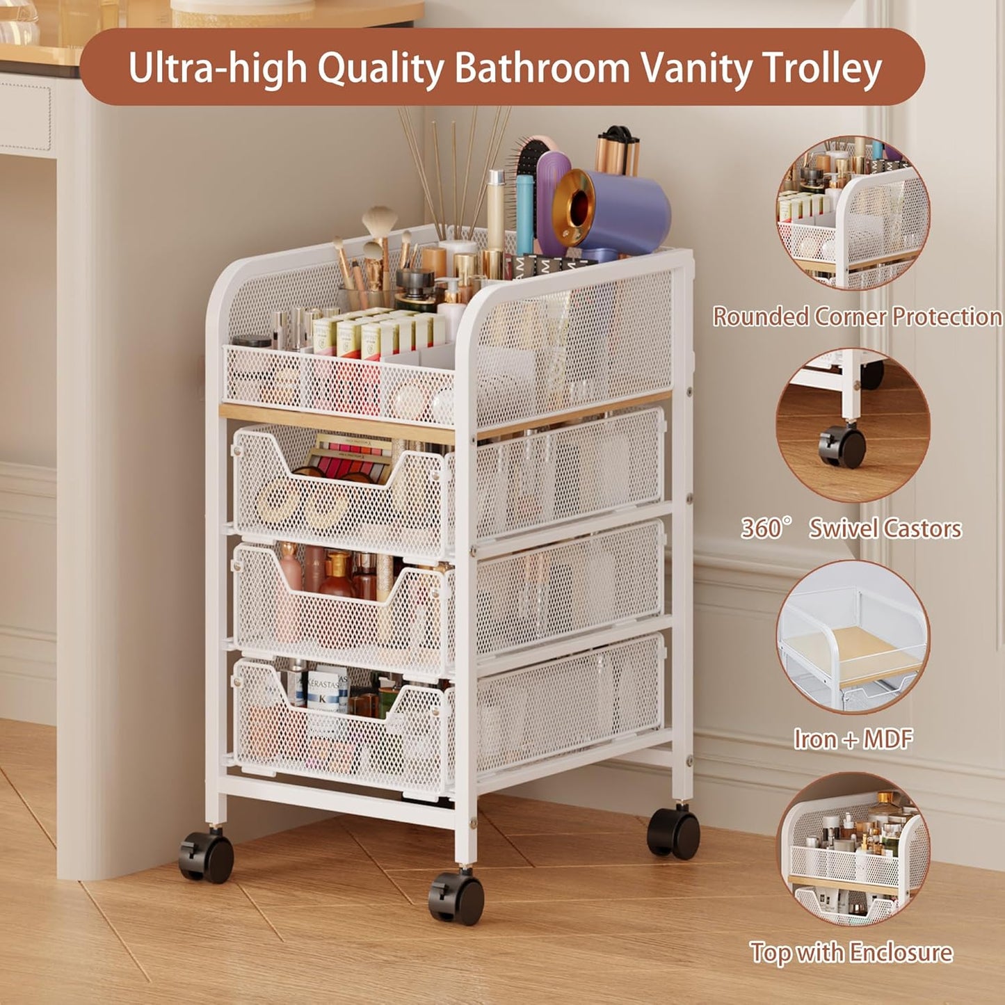 Rolling Makeup Cart Organizer with 3 Drawers, 4-Tier Narrow Floor Skincare Organizers with dividersr