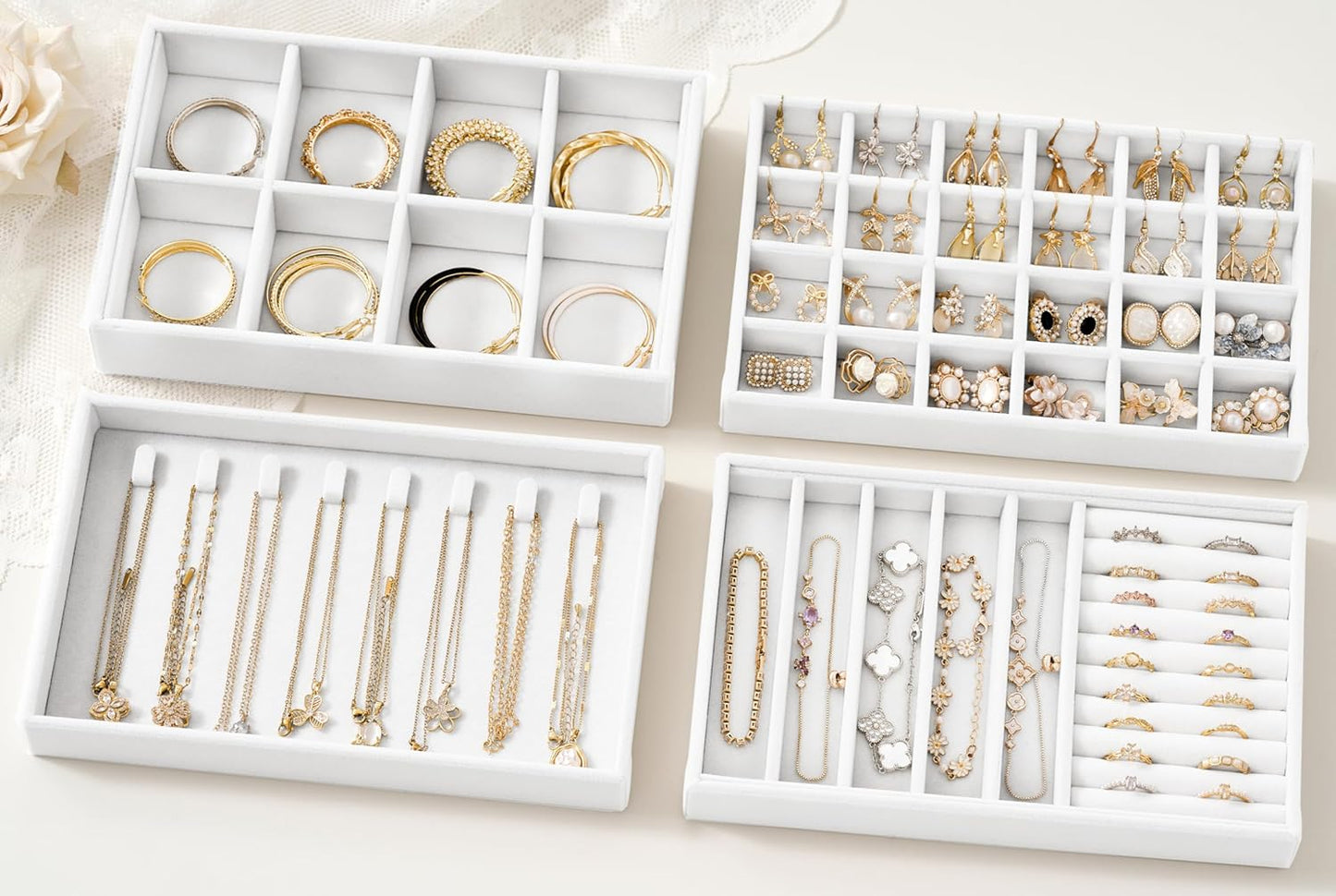 Stackable 4-Layer Jewelry Tray Set for Earrings, Rings, Necklaces, Bracelets with Removable Dividers for Dresser & Vanity