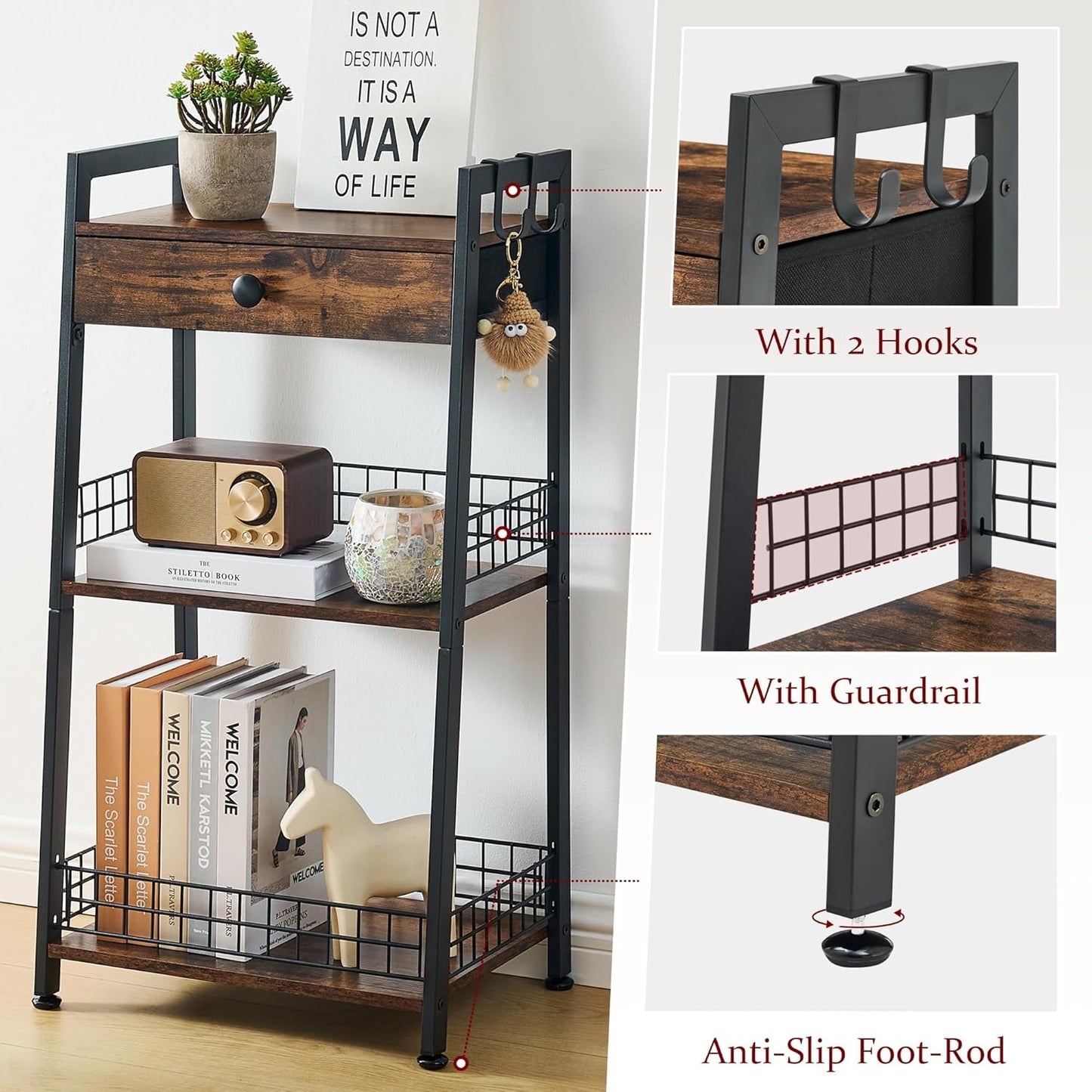 3-Tier Bathroom Ladder Shelf with Drawer, Bathroom Stand Floor Storage Shelf