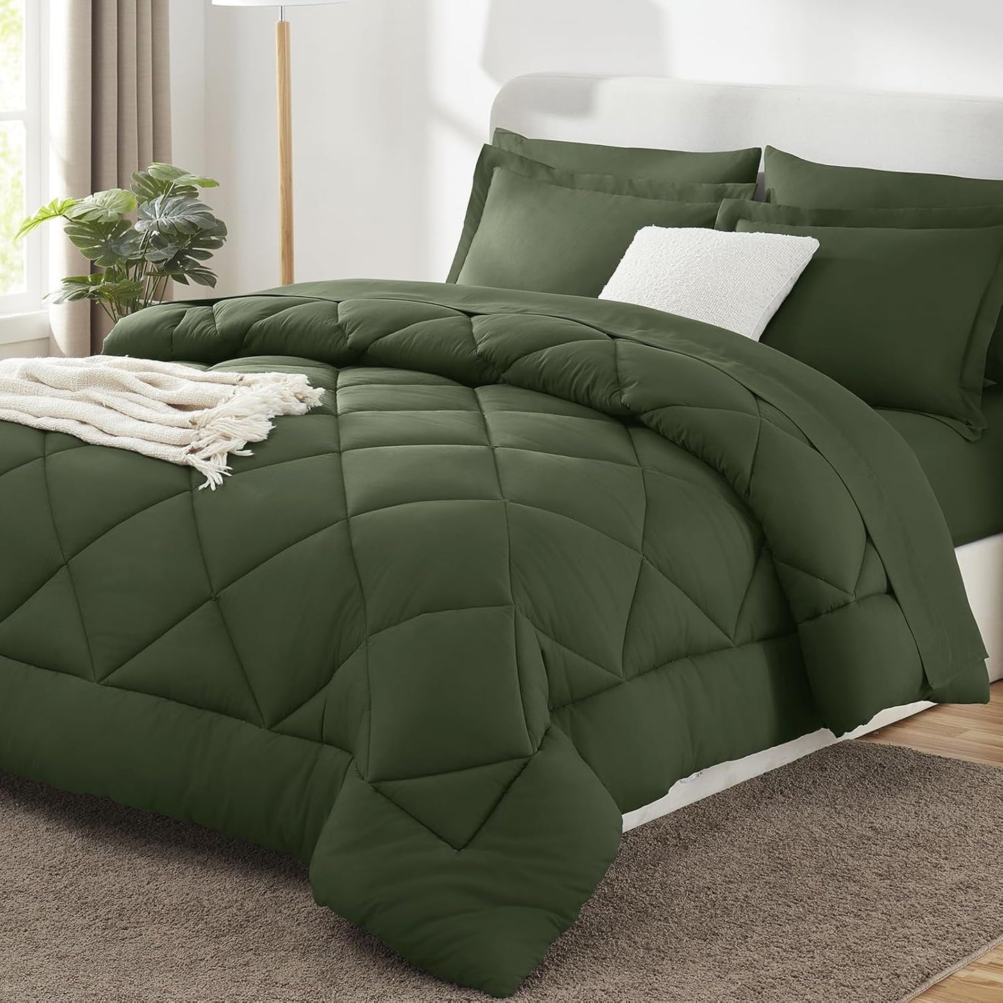Queen Comforter Set Dark Grey - Bed in a Bag Queen Size 7 count, Luxury Soft Bed Set , Bedding Set with