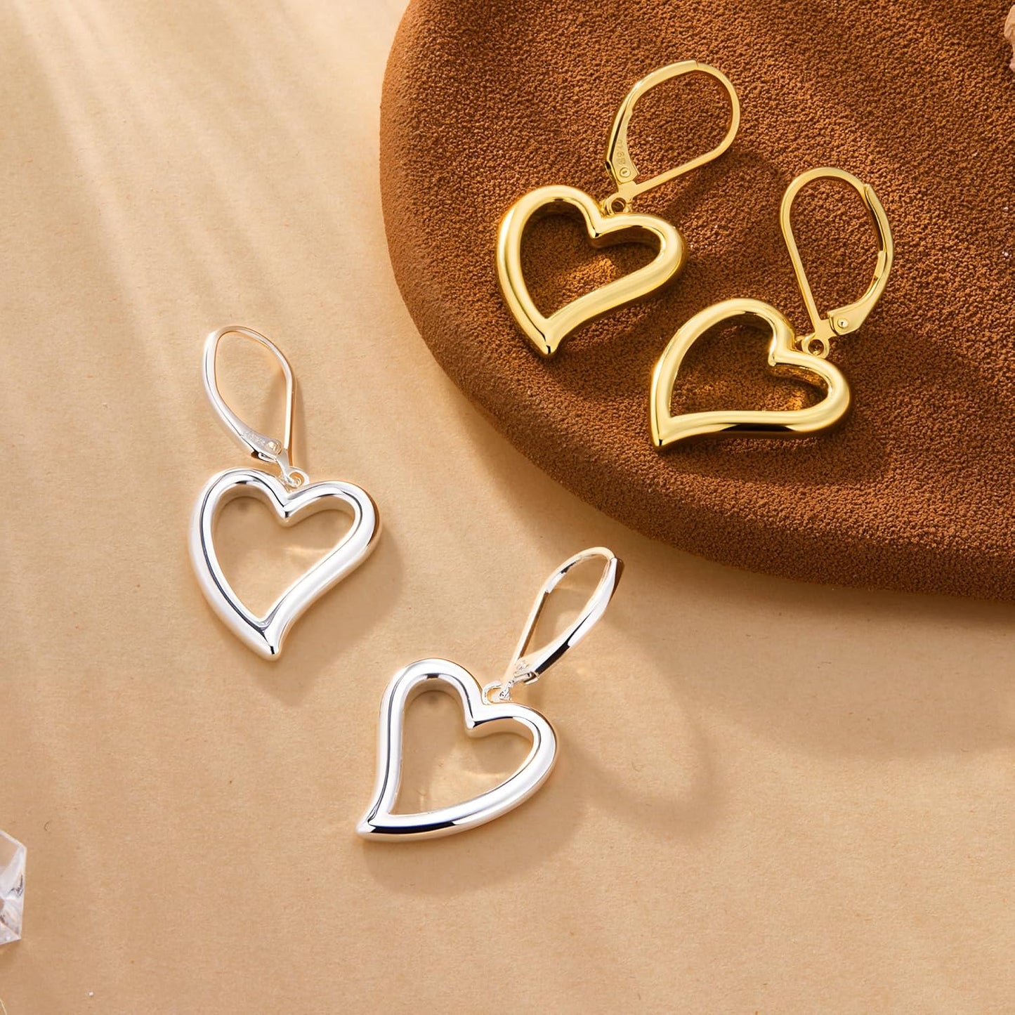 Sterling Silver Heart Earrings for Women 14K Gold Plated Openwork Love Heart Dangle Earrings Drop Leverback Huggie Hoop
