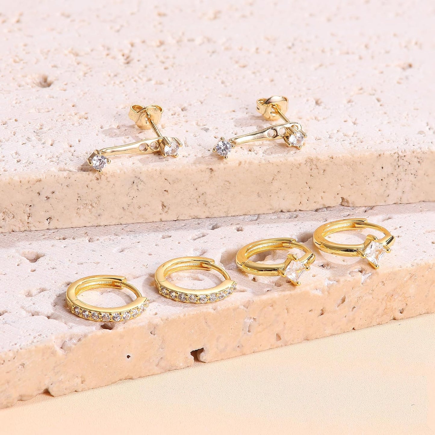 3Pairs 925 Sterling Silver, 14K Gold Plated Small Huggie Hoop Earrings Sets for Multiple Piercing CZ Cartilage Earrings Stacks
