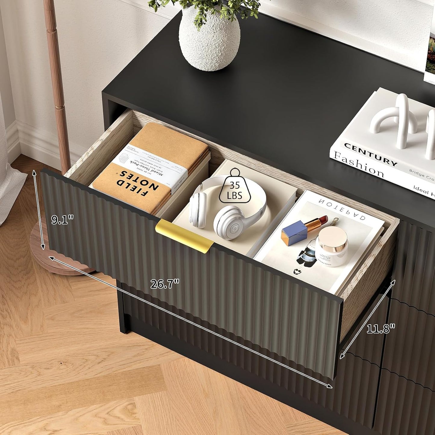 3-Piece Modern Bedroom Furniture SetWide 6-Drawer Dresser & 2-Drawer Nightstands Setof 2, Natural Wood Dresser and Nightstand Sets forBedroom, Hallway, Black