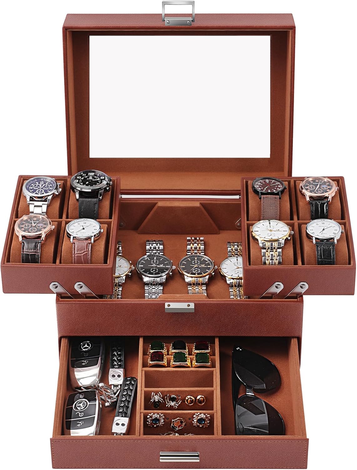 Watch Case for Men, 8 Slot Watch Display Case, 3 Layers Large Sunglass Storage Organize