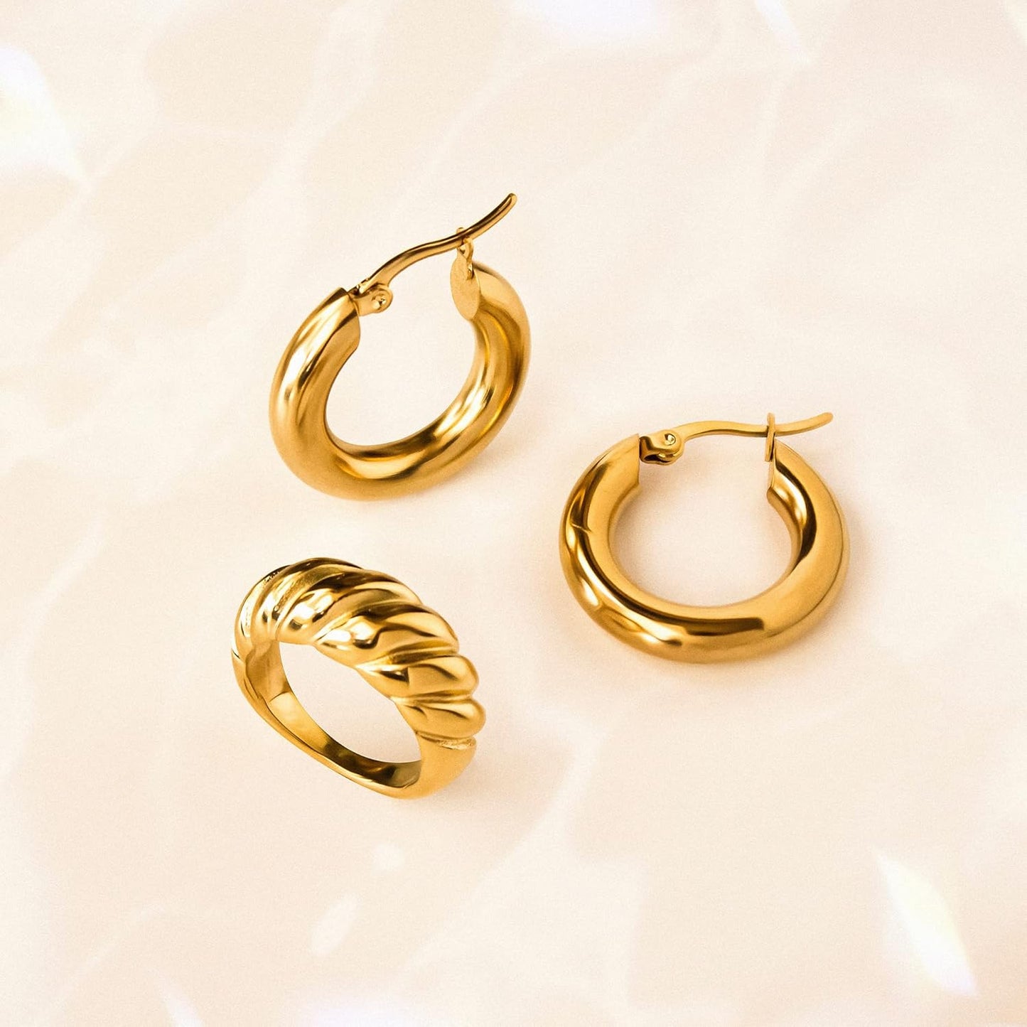 Chunky Gold Hoop Earrings for Women, 14k Gold Plated Thick Triple Hoop Earrings Hypoallergenic Trendy Chunky Gold Hoops