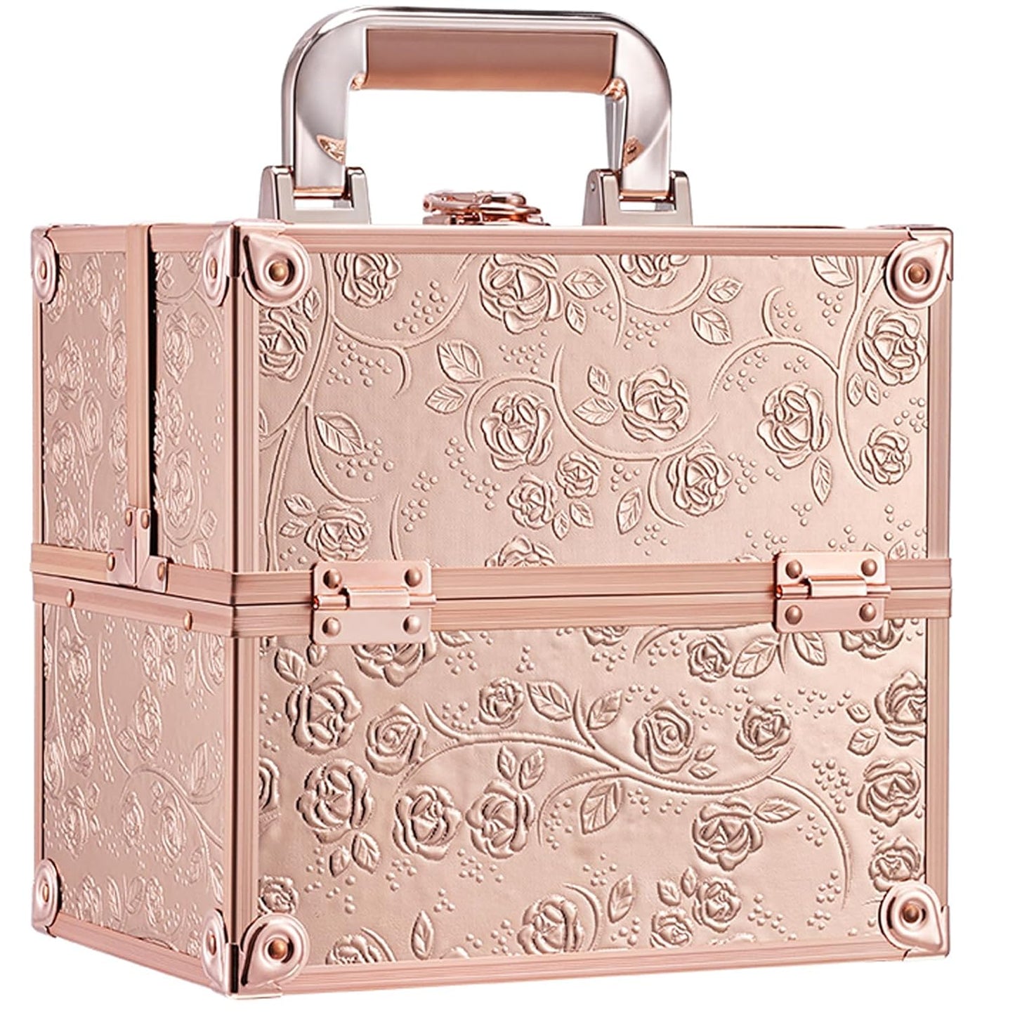 Makeup Organizer Box Portable Cosmetic Travel Case with Lock 4 Trays Aluminum Hard Vanity Box