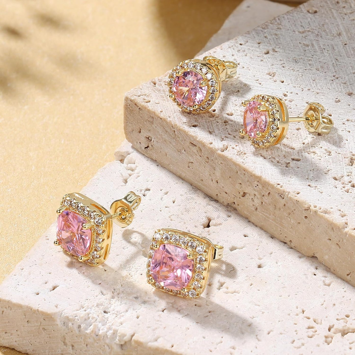 Hayoso 18K Gold Plated Halo Stud Earrings 925 Sterling Silver Cubic Zirconia Stud Earrings Round Square Diamonique Stud