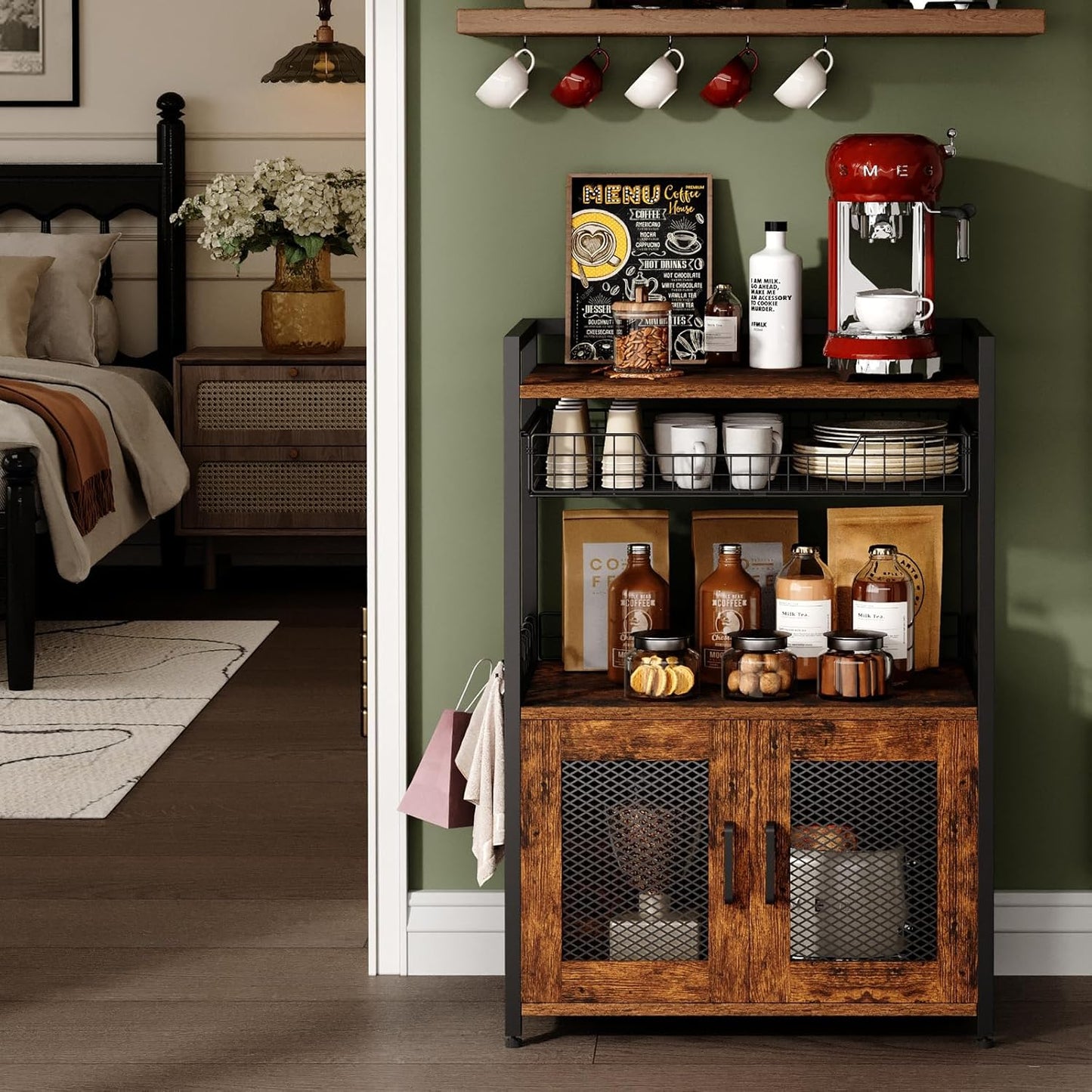 3 Tier Coffee Station Table on Wheels, 35.9" H Bar Cart with Wire Basket Drawer & 5 Hooks for Home Kitchen