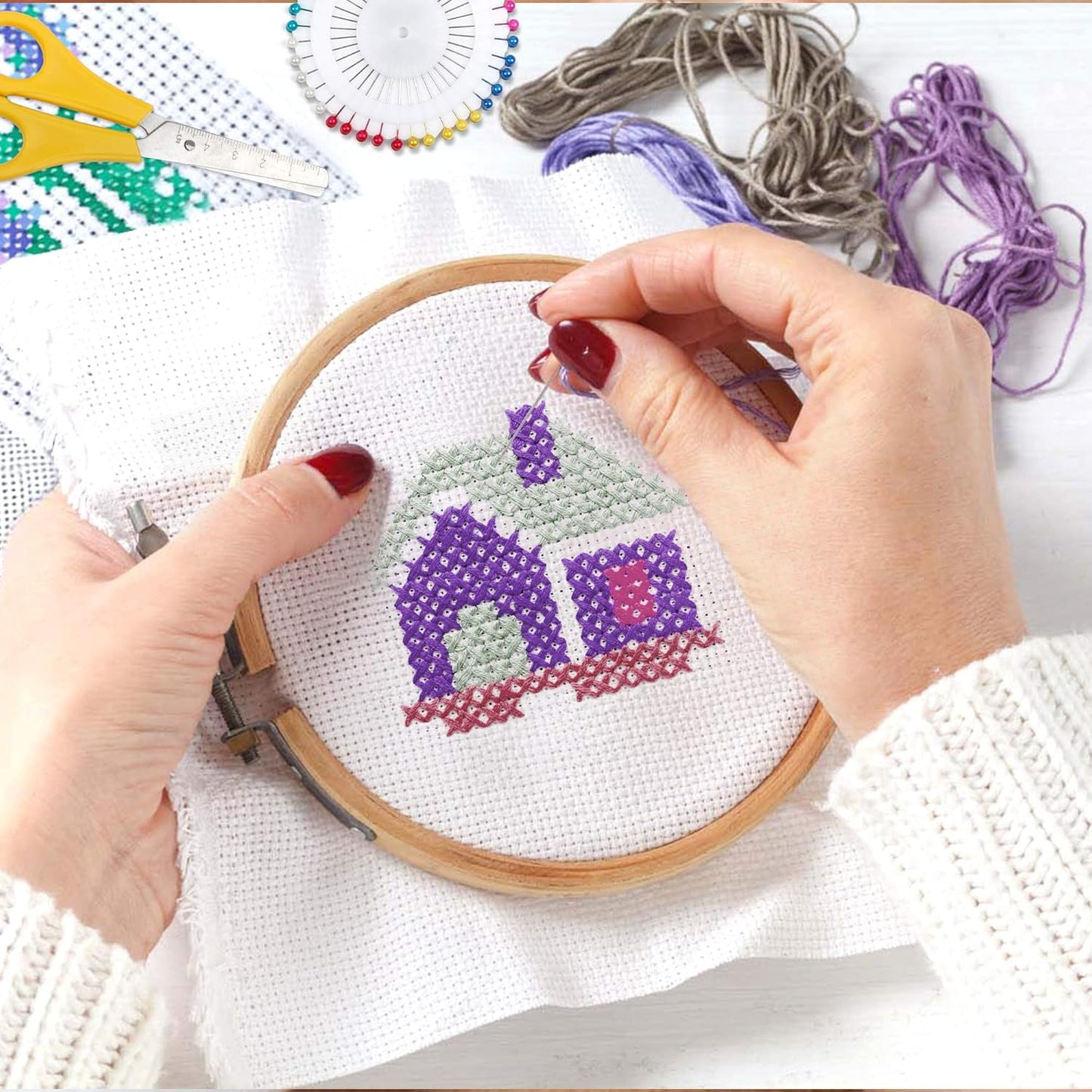 OMOMMD 304 Pack Embroidery Kit, 200 Colors Threads, 5 Pcs Bamboo Embroidery Hoops, 2 Pcs Aida Cloth, Instructions, Bag and Cross Stitch Tools Set, Hand Embroidery Starter Kit for Beginners Adults