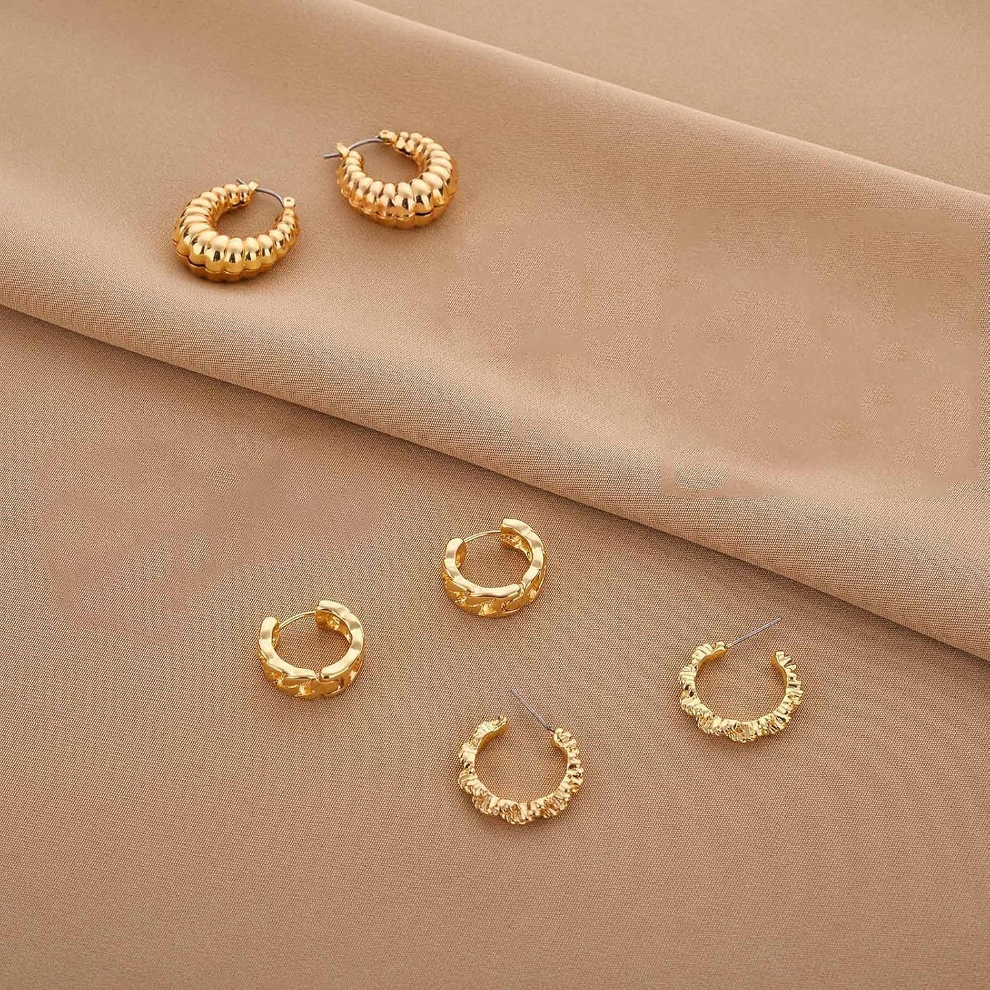 Gold Chunky Hoop Earrings Set for Women, 14K Gold Plated Twisted Huggie Hoop Earring, Thick Open Hoops Set Lightweight