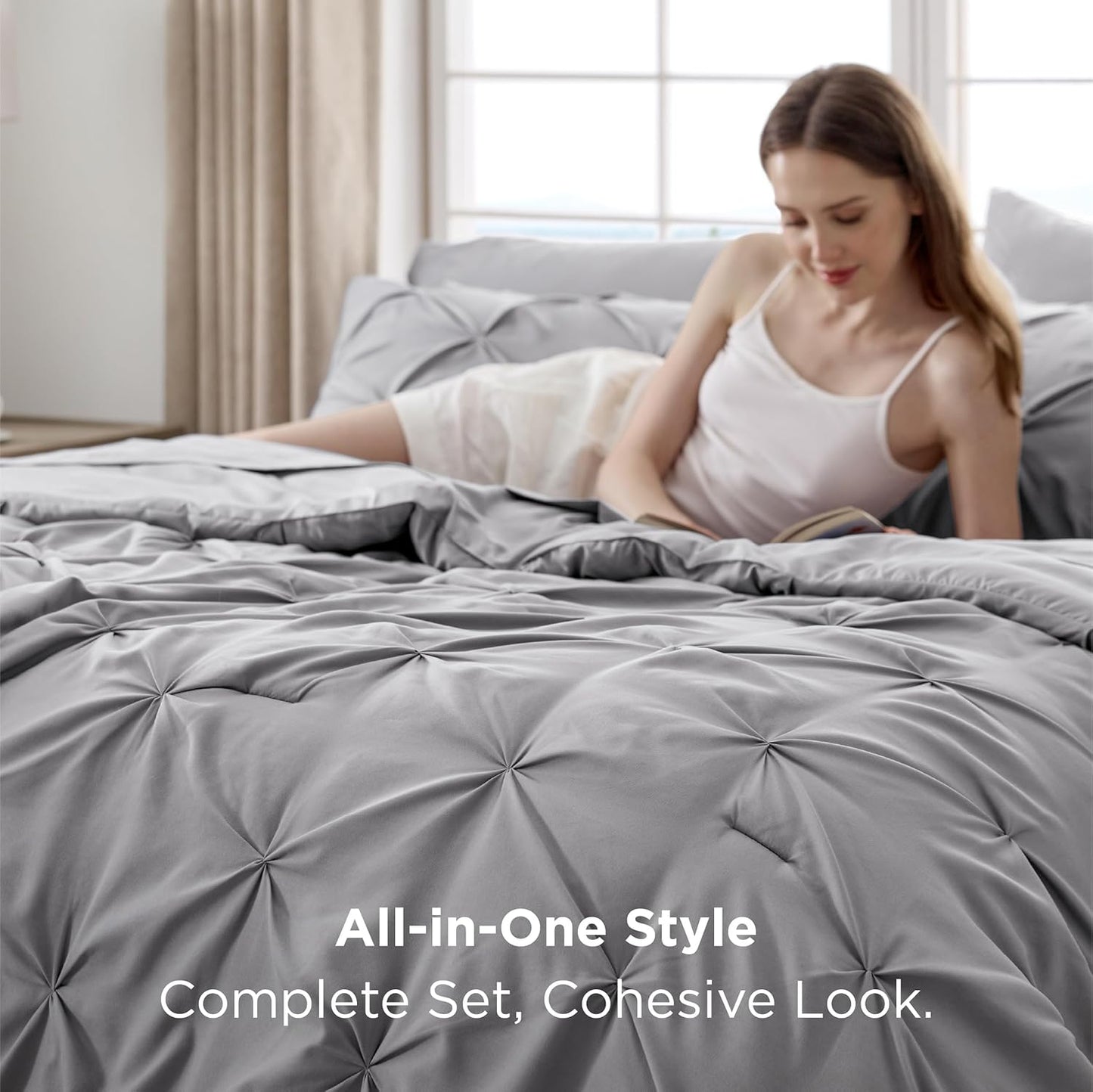 Queen Comforter Set Grey - Bed in a Bag Queen Size Bedding 7 Pieces, GentleSoft邃「 Pintuck Bed Set Gift for Family, Pinch Pleat All Season Comforter with Sheets, Pillowcases & Shams