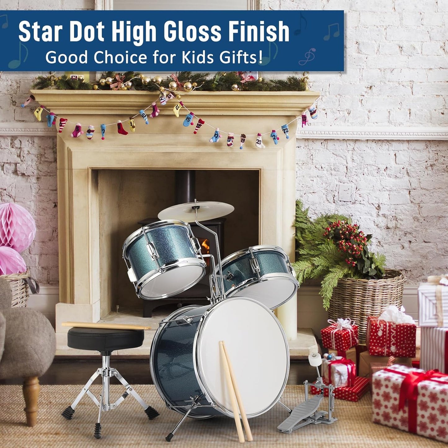 OMOMMD 3-Piece Drum Set, 14 Inch Beginners Drums Kit with Throne Stool, Pedal & 2 Pairs of Drumsticks, Junior Drums Set Musical Instruments W/Cymbal, Tom, and Snare Drum (Blue)