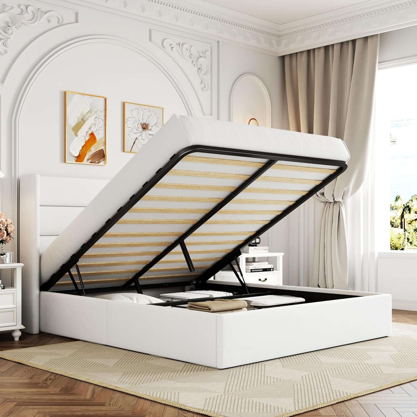 Full Size Lift Up Storage Bed, Modern Wingback Headboard, Hydraulic Support, No Box Spring Needed