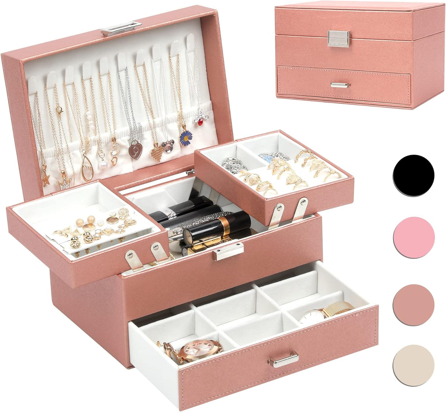 Jewelry Boxes for Women Girls, 3 Layers Jewelry Storage Organizer for Earring, Ring, Necklace, Bracelets