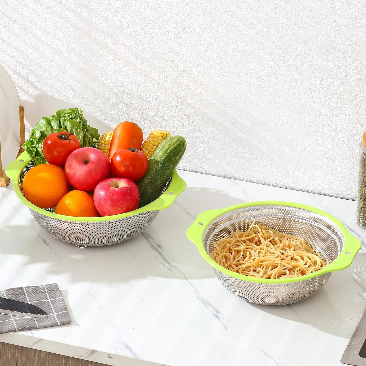 Colander Stainless Steel Microporous, 2QT Rice Strainer with Mixing Bowl, Rice Washer Bowl Set with Handle