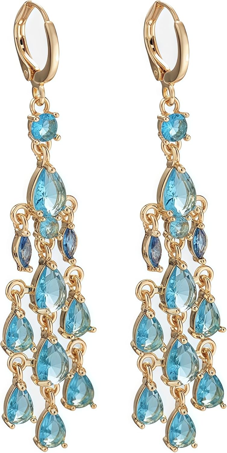 Vuskdtei18K Gold Plated Flower Dangle Earrings for Women, Hypoallergenic Cubic Zirconia Earrings, Elegant Chandelier Drop Earrings