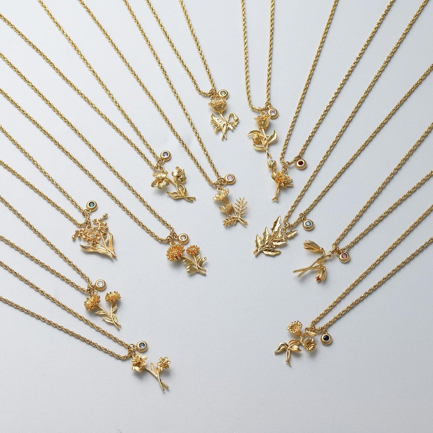 Birth Flower Necklaces for Women 18K Gold Plated Dainty Layered Birth Month Flower with Birthstone Pendant Personalized Custom Floral Jewelry