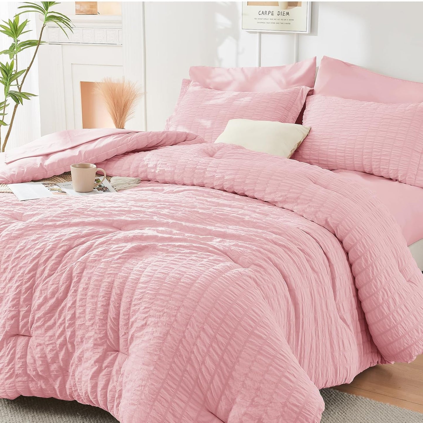 Queen Comforter Set Seersucker 7 count, All Season Luxury Bed in a Bag for Bedroom