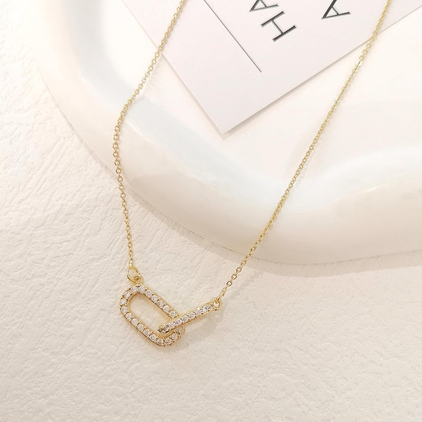 18K Gold Plated Diamond Pendant Necklace - Paperclip Choker w/ Open Oval Design
