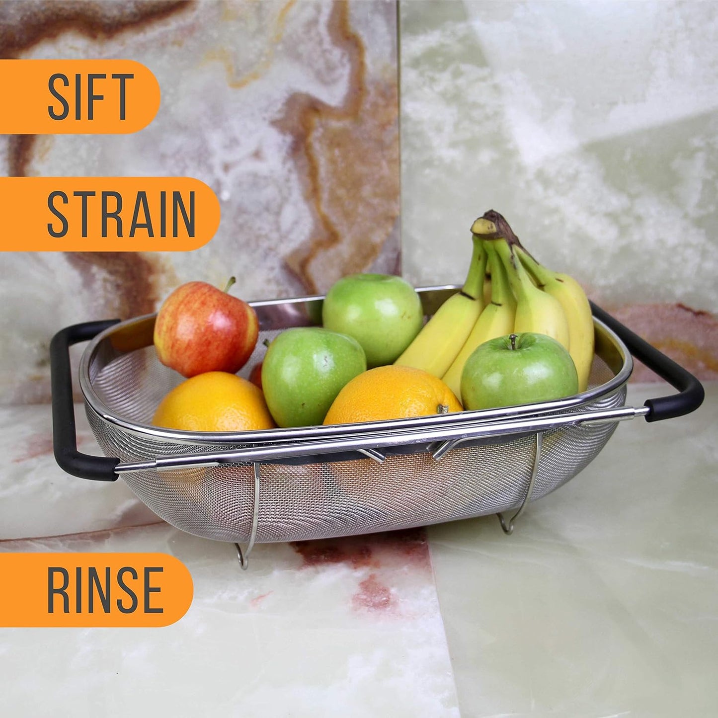Colander with Expandable Rubber Handles - Rectangular Sieve, Fine Mesh Stainless Steel Strainers and Colanders for Kitchen