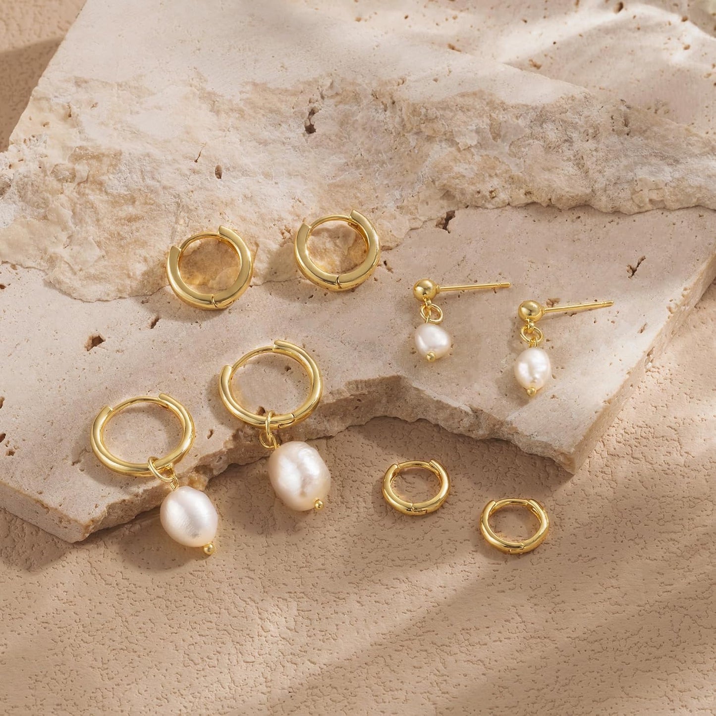 Pearl Dangle Hoop Earrings for Women - Dainty14K Gold Plated Small Drop Chain Hoops Trendy Earring Sets for