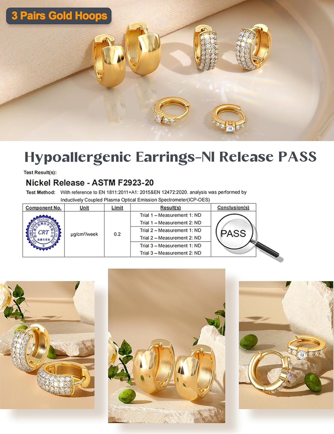 Chunky Gold Hoop Earrings for Women Non Tarnish 14K Gold Filled Huggie Hoop Earring Stacks for Multiple Piercing Lightweight 3Pairs
