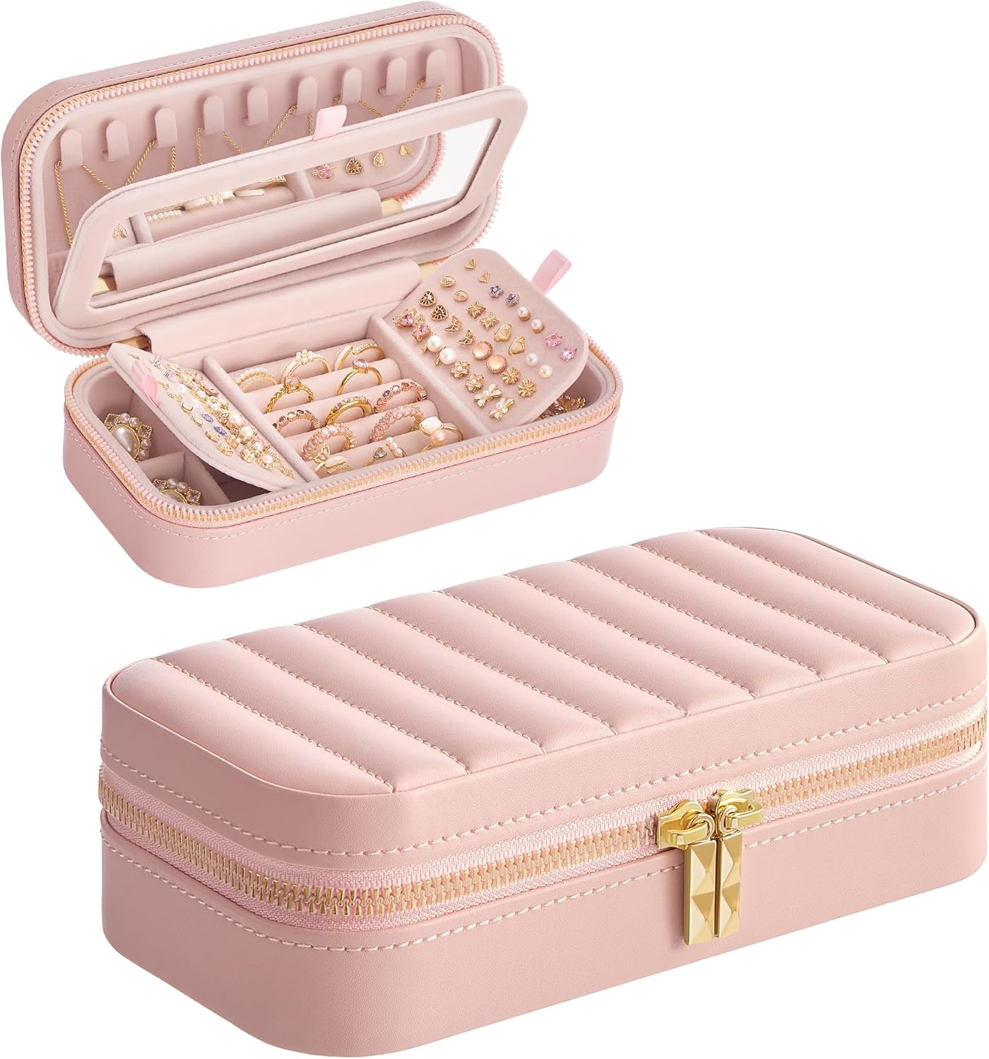 Travel Jewelry Case, Travel Jewelry Box Organizer with Mirror, Stitching, Portable